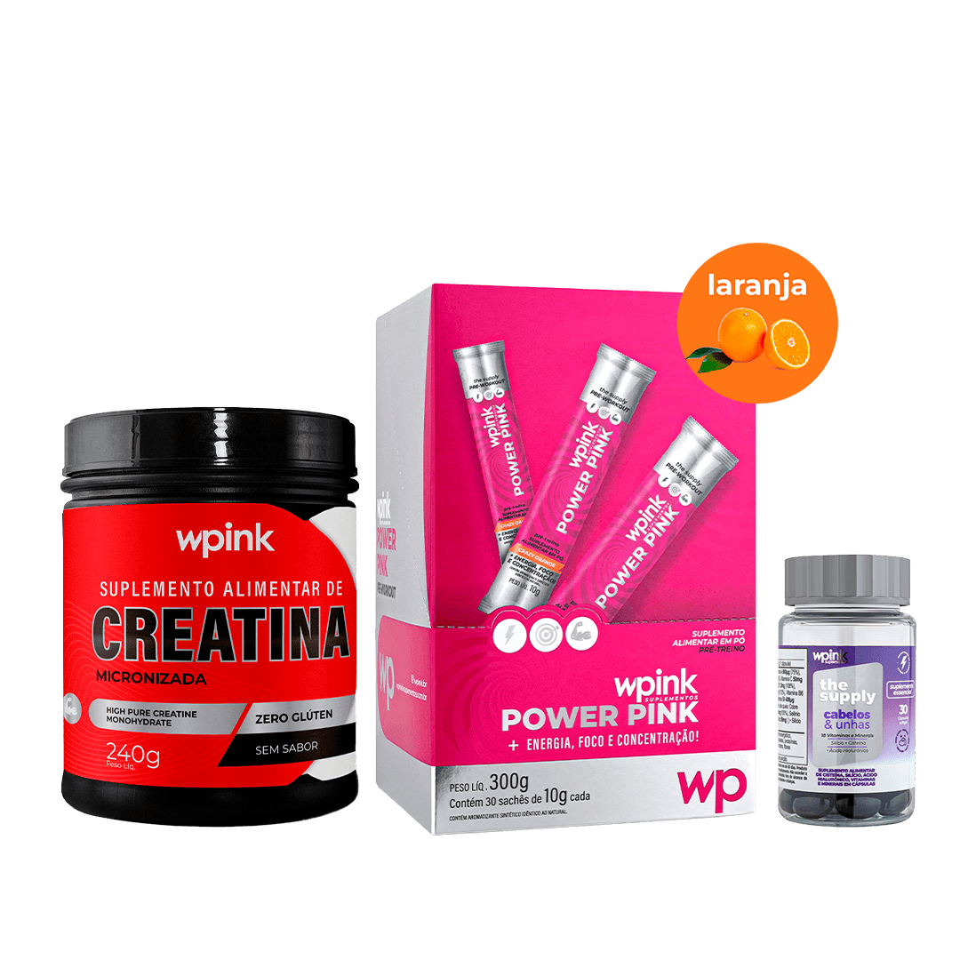 Pré-treino de laranja + creatina sem sabor + cabelos e unhas