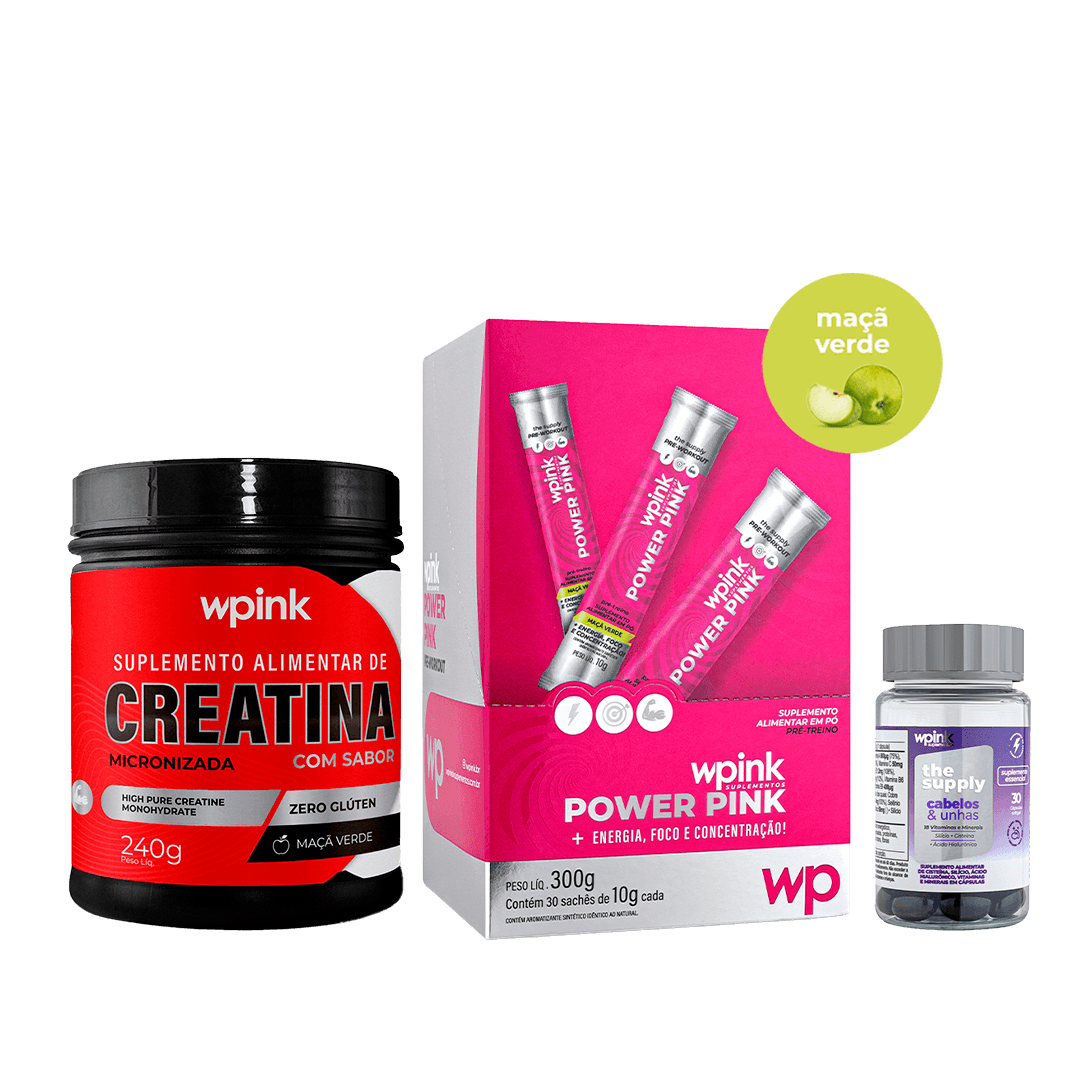Pré-treino + creatina de maçã verde + cabelos e unhas